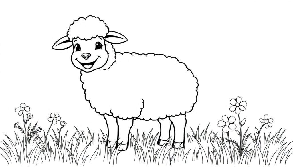A cute cartoon sheep in a black and white color panel, ready for coloring.