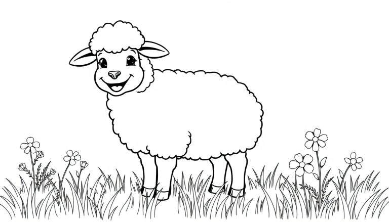 A cute cartoon sheep in a black and white color panel, ready for coloring.