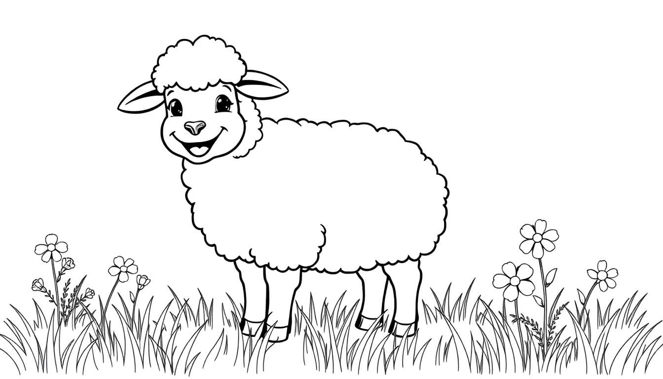 A cute cartoon sheep in a black and white color panel, ready for coloring.