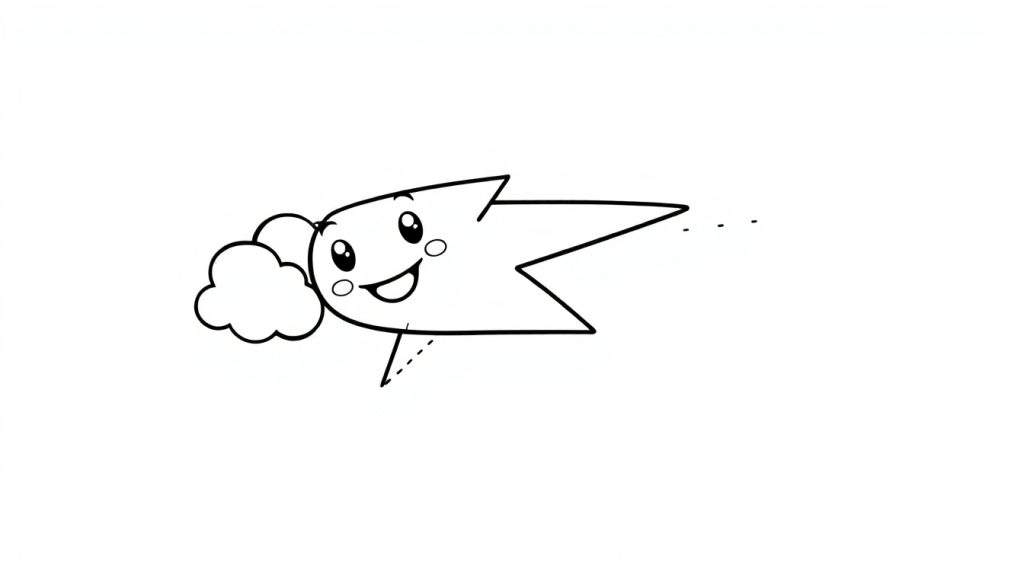 A cute cartoon shooting star with a happy face and a fluffy cloud, ready for coloring in this black and white color panel.