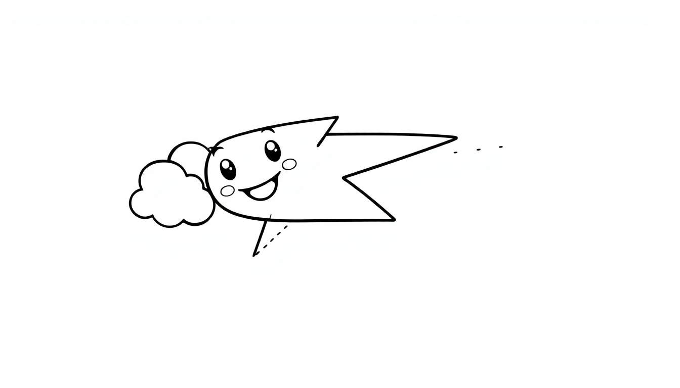 A cute cartoon shooting star with a happy face and a fluffy cloud, ready for coloring in this black and white color panel.