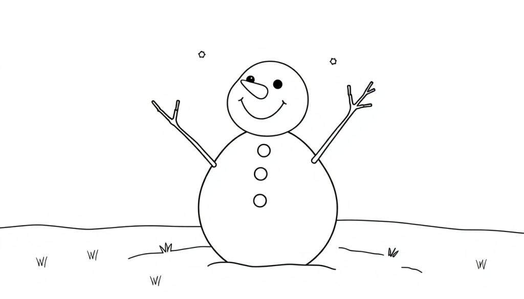 A happy snowman with a carrot nose and stick arms waving hello, a black and white color panel.