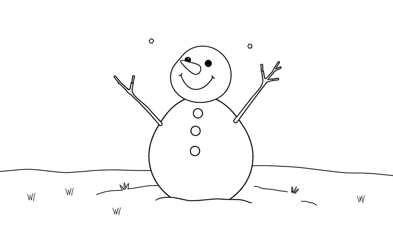 A happy snowman with a carrot nose and stick arms waving hello, a black and white color panel.