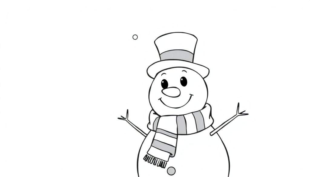 A cheerful black and white snowman with a top hat and scarf, ready for the color panel.