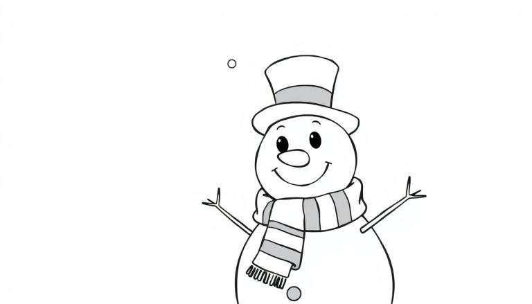 A cheerful black and white snowman with a top hat and scarf, ready for the color panel.