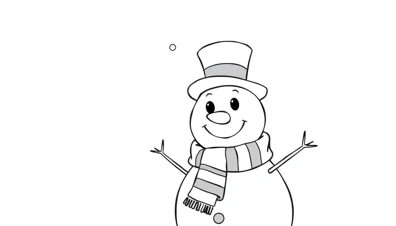 A cheerful black and white snowman with a top hat and scarf, ready for the color panel.
