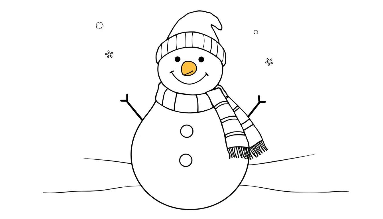 A happy snowman with a carrot nose, wearing a striped hat and scarf, ready for coloring in this black and white color panel.