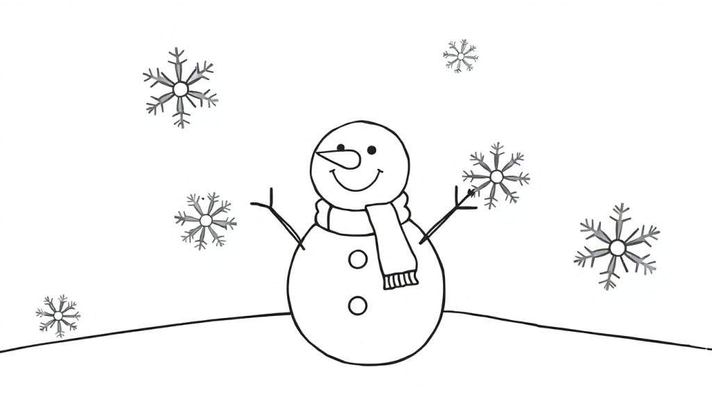 A cheerful snowman coloring page, a black and white illustration of a snowman with a carrot nose and button eyes on a snowy color panel.