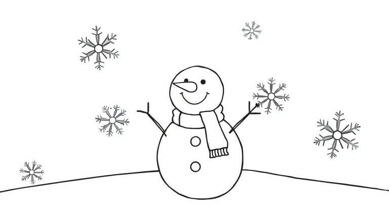 A cheerful snowman coloring page, a black and white illustration of a snowman with a carrot nose and button eyes on a snowy color panel.