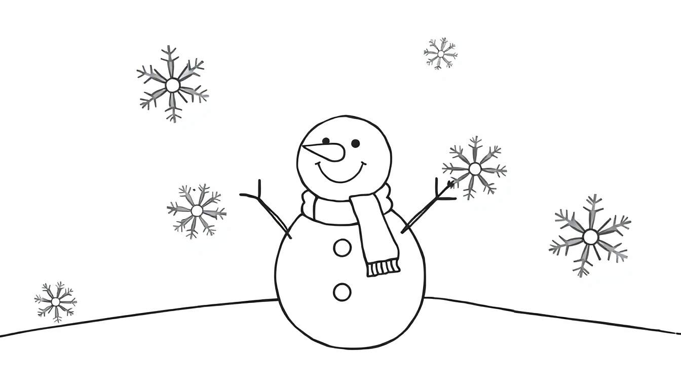 A cheerful snowman coloring page, a black and white illustration of a snowman with a carrot nose and button eyes on a snowy color panel.