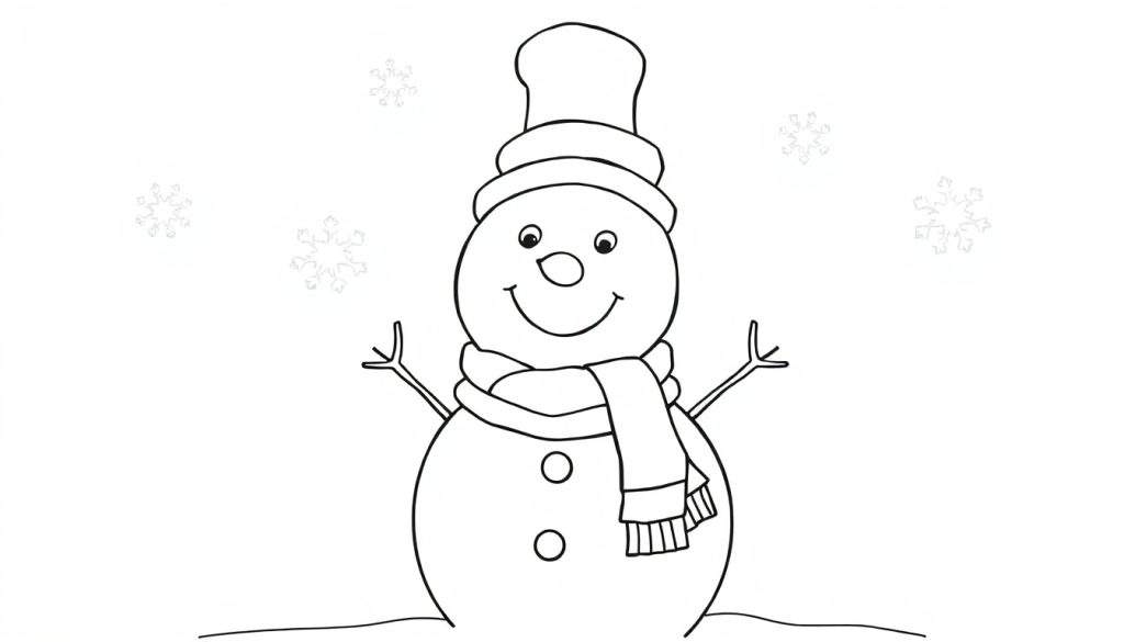 A happy snowman coloring panel with falling snowflakes.
