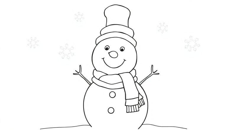 A happy snowman coloring panel with falling snowflakes.