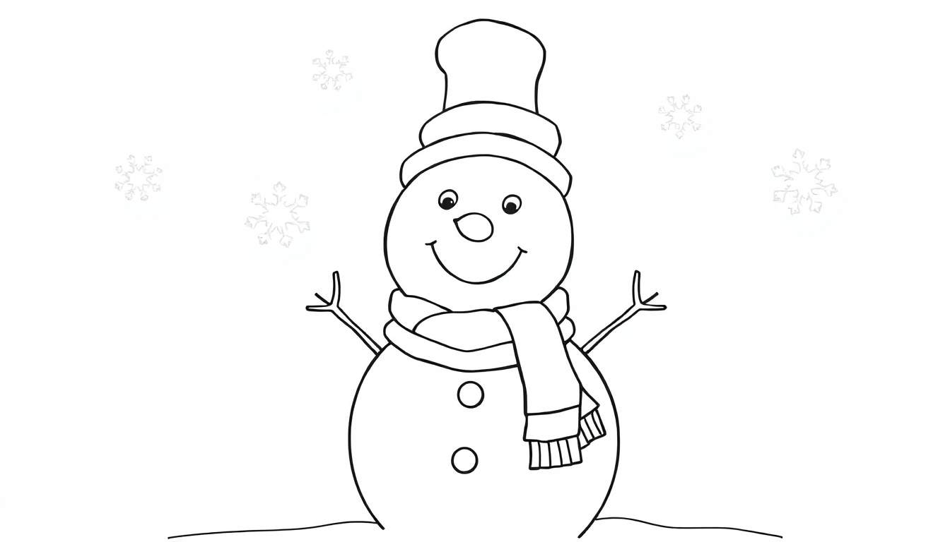 A happy snowman coloring panel with falling snowflakes.