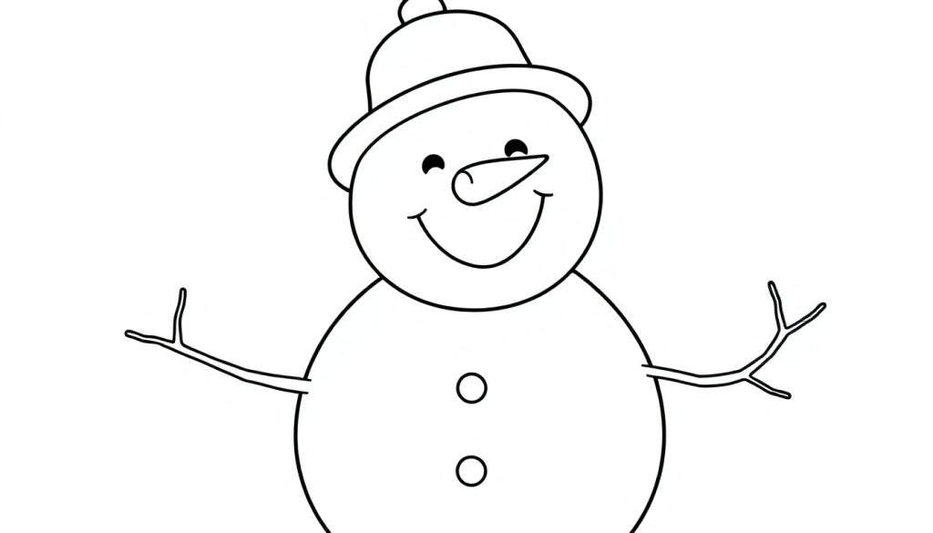 A smiling snowman coloring panel with a carrot nose, button eyes, and twig arms.