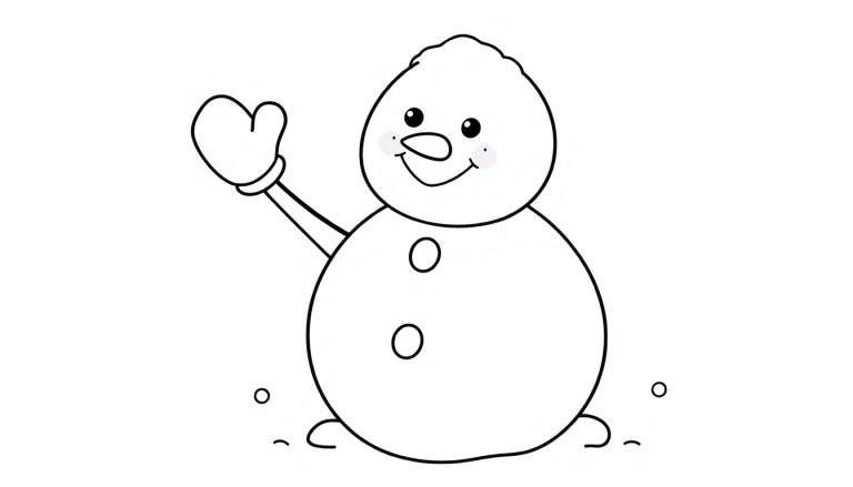 A black and white cartoon snowman, smiling and waving, ready for the color panel.