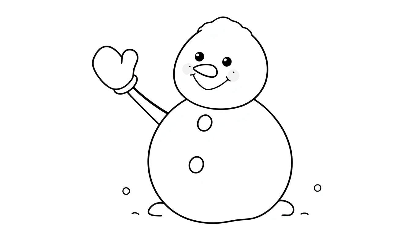 A black and white cartoon snowman, smiling and waving, ready for the color panel.