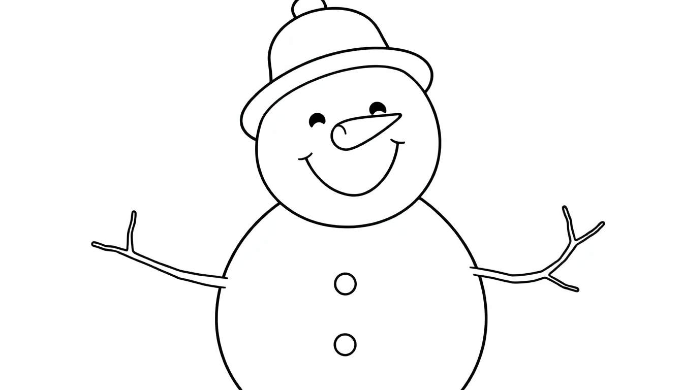 A smiling snowman coloring panel with a carrot nose, button eyes, and twig arms.