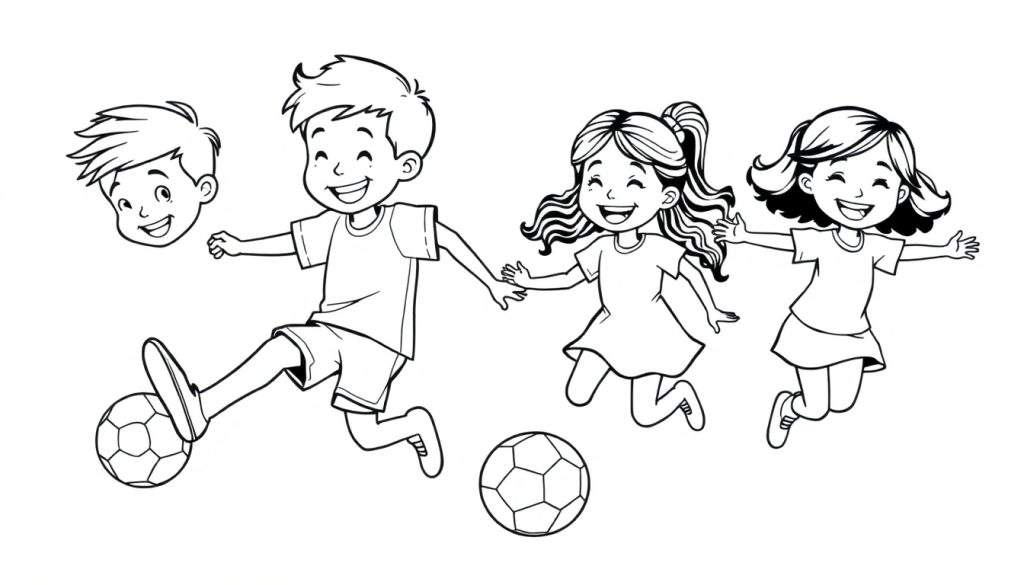 A black and white illustration of kids playing soccer, a boy kicks the ball while two girls jump. Color panel.