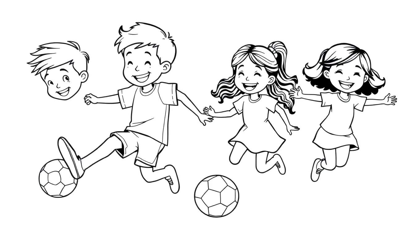 A black and white illustration of kids playing soccer, a boy kicks the ball while two girls jump. Color panel.