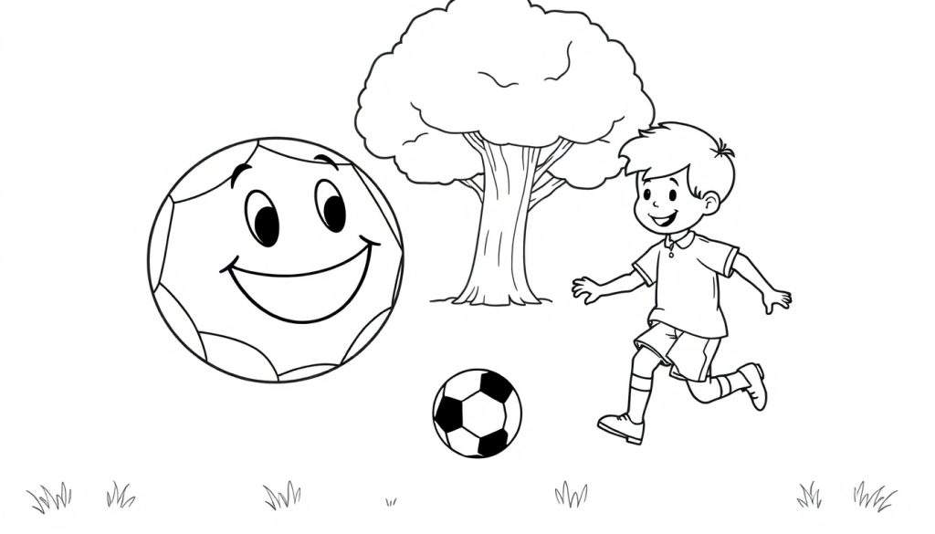 A smiling soccer ball and a running boy in a black and white color panel.