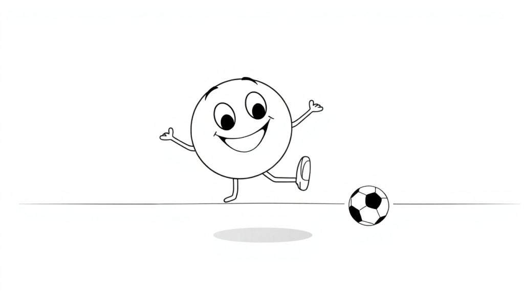 A happy cartoon character kicking a soccer ball, a black and white color panel for kids.