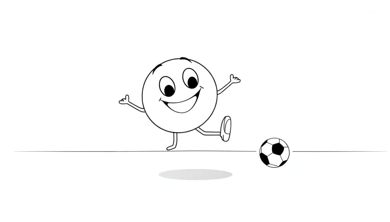 A happy cartoon character kicking a soccer ball, a black and white color panel for kids.