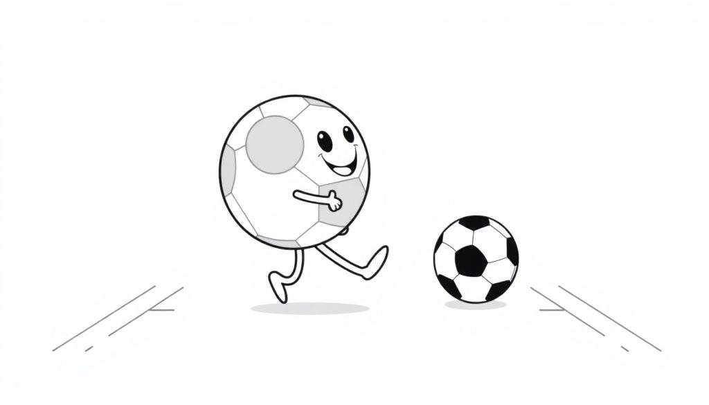 A cute cartoon soccer ball character happily kicking a soccer ball on a field in a black and white color panel.