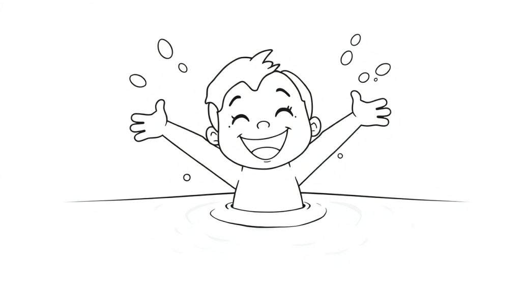 A happy child's torso in a pool, arms up, in a black and white color panel.