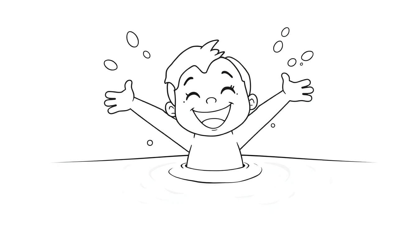 A happy child's torso in a pool, arms up, in a black and white color panel.