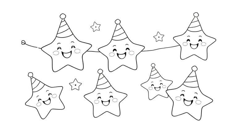 A fun black and white color panel of cartoon stars wearing party hats, making a happy garland.