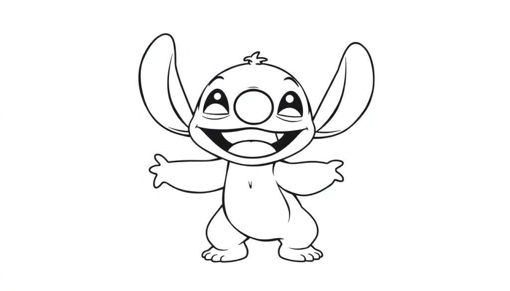 A black and white outline drawing of Stitch with a big smile, ready to be colored in this fun color panel.