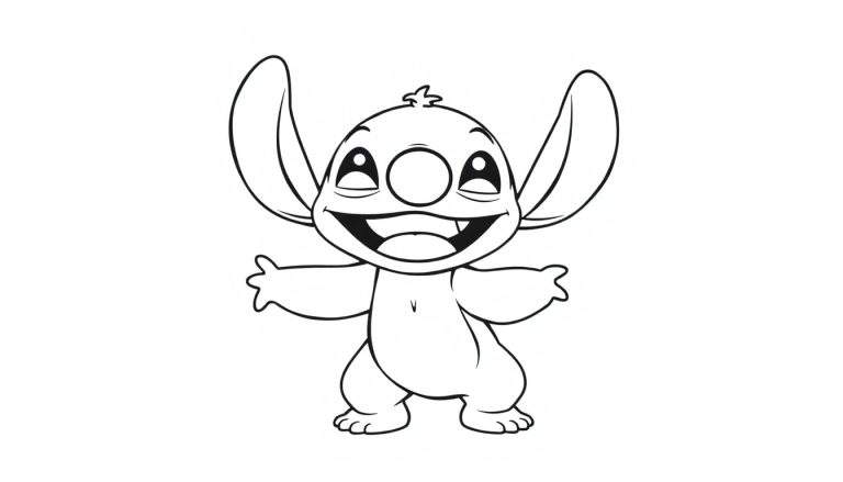 A black and white outline drawing of Stitch with a big smile, ready to be colored in this fun color panel.