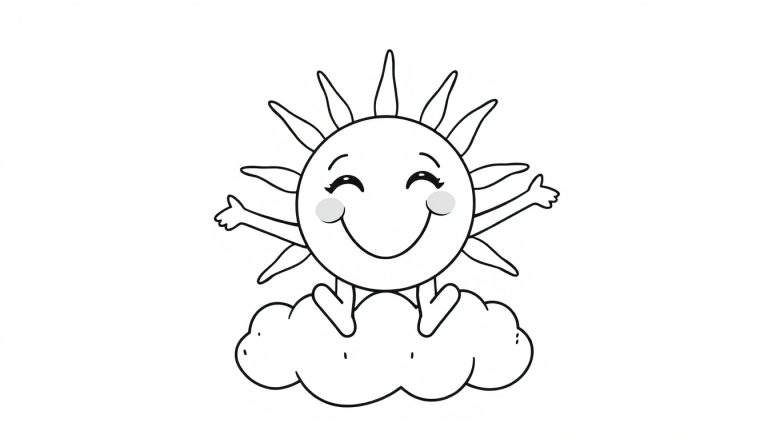 A happy sun character with rays, smiling on a cloud, ready for a color panel.