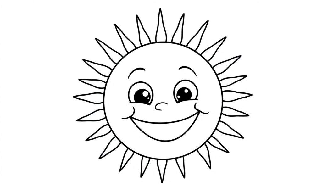 A smiling sun outline, ready for coloring in a color panel.