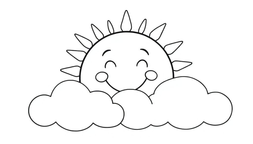 A smiling sun with closed eyes peeking from behind puffy clouds in a black and white color panel.
