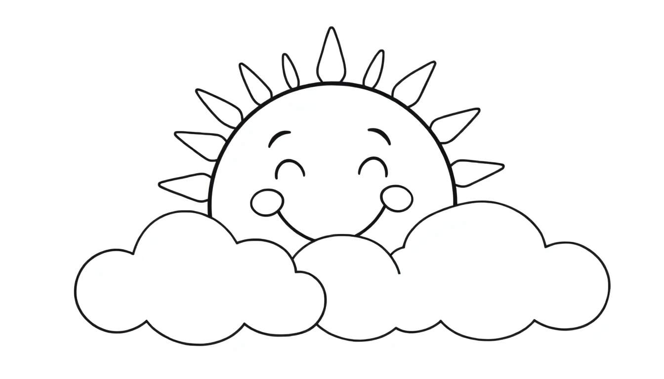 A smiling sun with closed eyes peeking from behind puffy clouds in a black and white color panel.