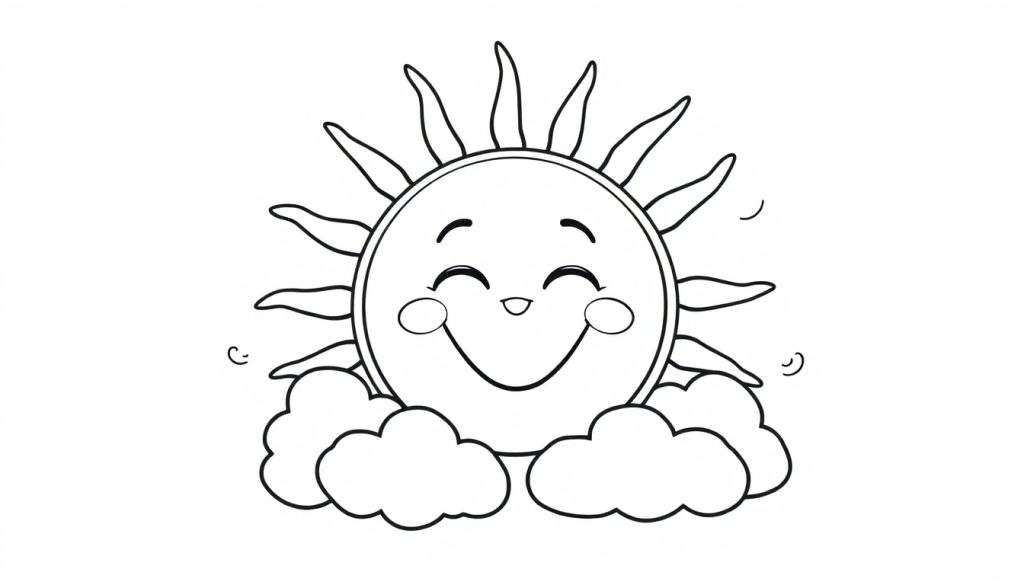 A cheerful black and white line art color panel of a smiling sun with happy rays peeking from behind two fluffy clouds.