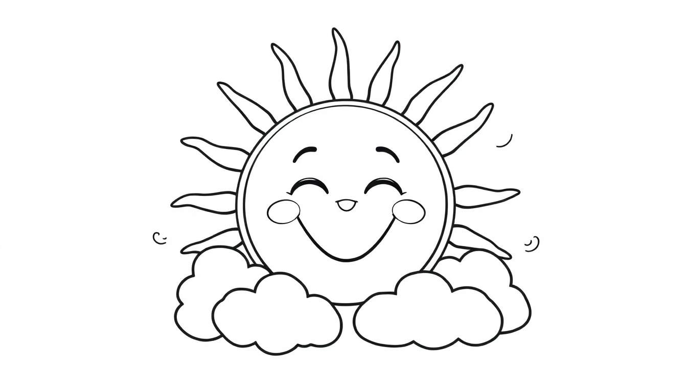 A cheerful black and white line art color panel of a smiling sun with happy rays peeking from behind two fluffy clouds.