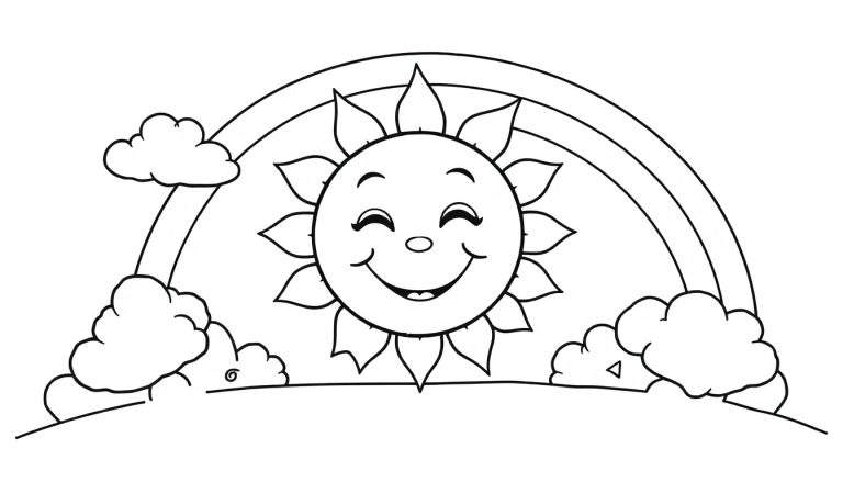 A cute sun smiling with fluffy clouds and a rainbow, perfect for a black and white coloring panel!
