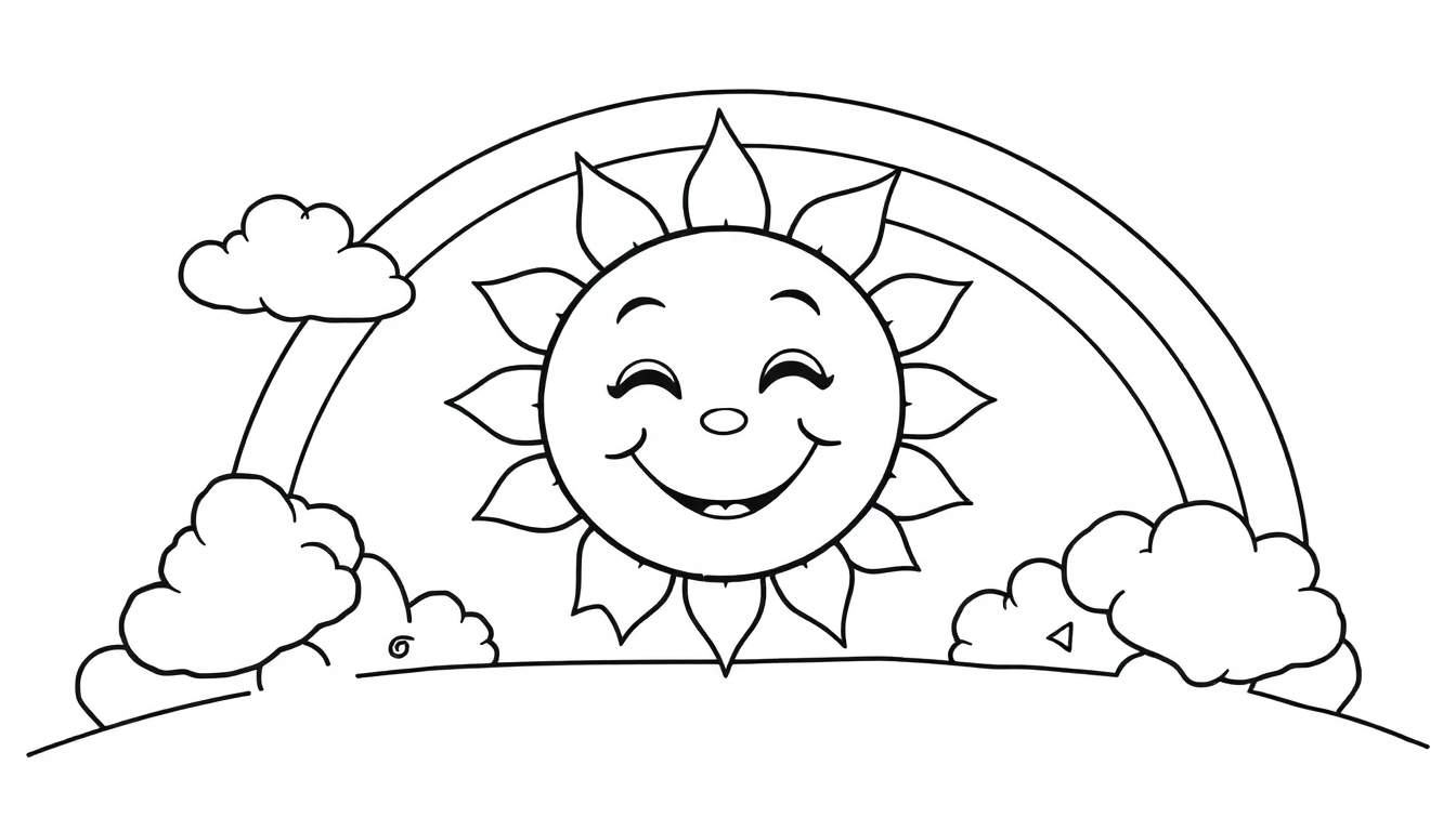 A cute sun smiling with fluffy clouds and a rainbow, perfect for a black and white coloring panel!