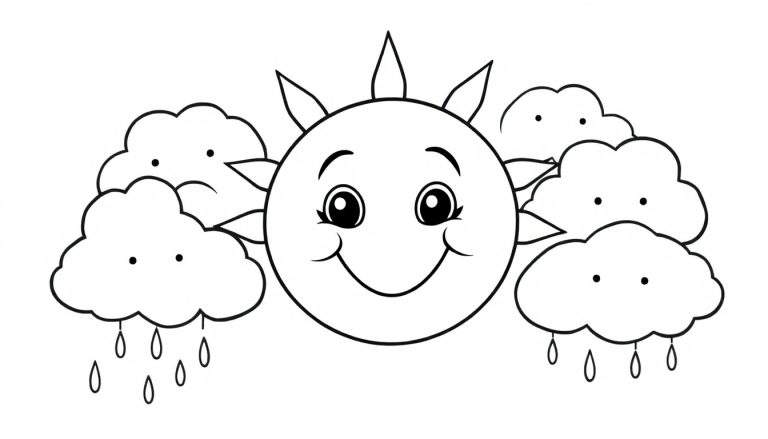 A smiling sun with happy clouds and raindrops in a black and white color panel.