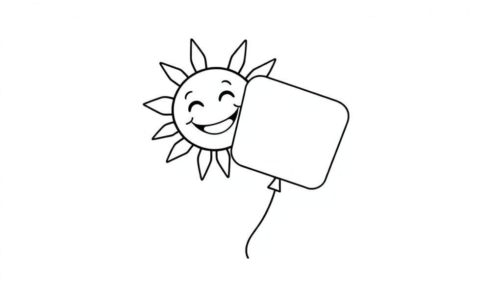 A happy sun with a square balloon, a black and white color panel.