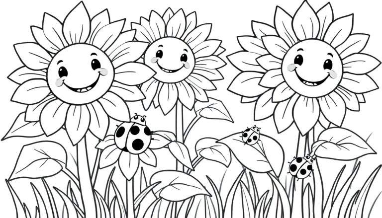 A happy sunflower color panel with ladybugs and leaves.