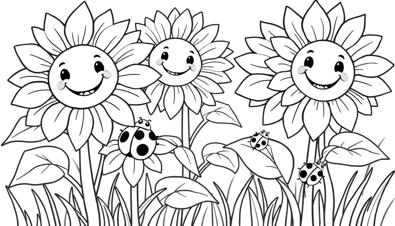 A happy sunflower color panel with ladybugs and leaves.