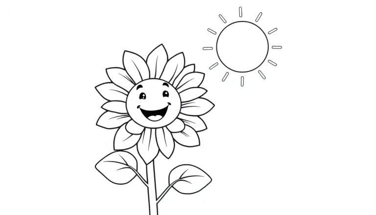 A happy sunflower smiling at the sun, ready for coloring. This color panel is fun!