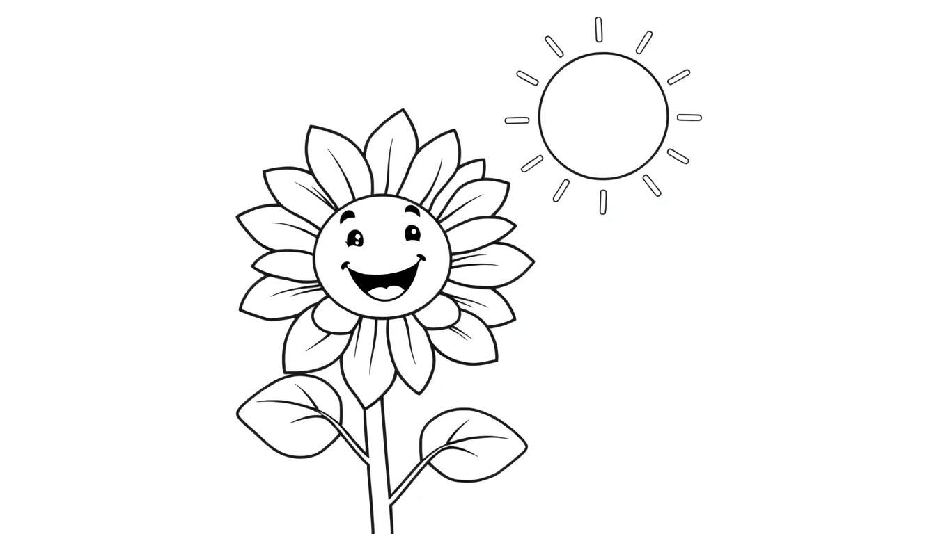 A happy sunflower smiling at the sun, ready for coloring. This color panel is fun!