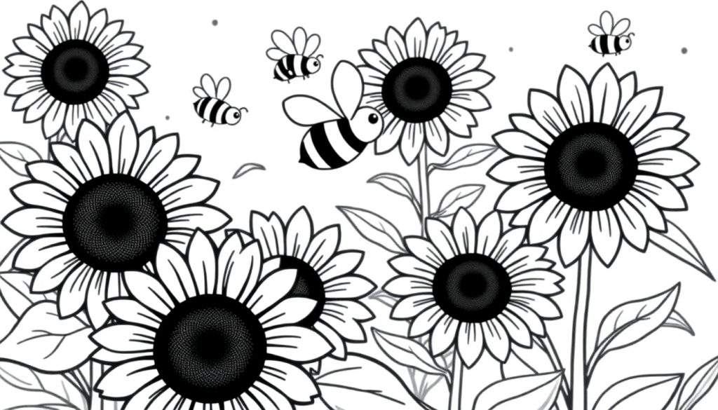 A black and white illustration of happy sunflowers and buzzing bees, perfect for a color panel.