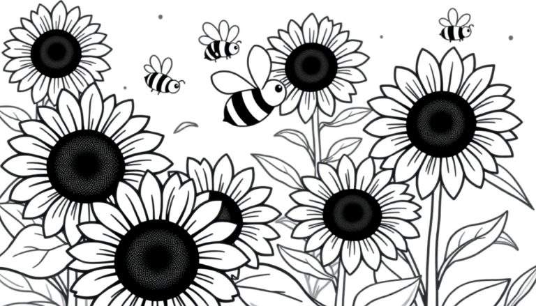 A black and white illustration of happy sunflowers and buzzing bees, perfect for a color panel.