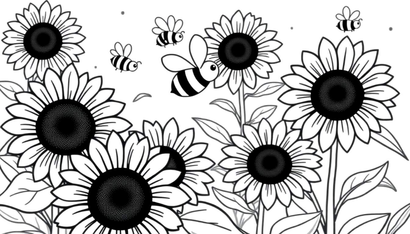A black and white illustration of happy sunflowers and buzzing bees, perfect for a color panel.