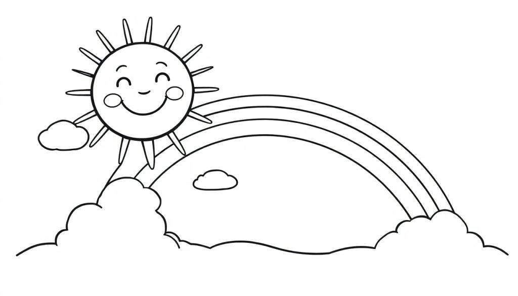 A black and white coloring panel featuring a happy sun, a rainbow, and clouds.